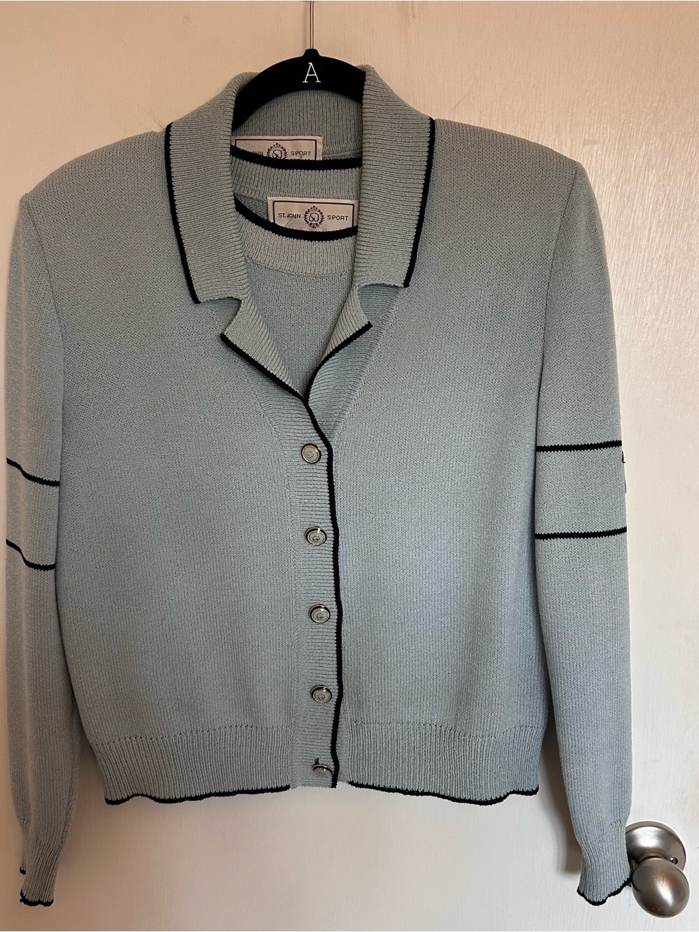 St. John Sport by Marie Gray Pale Blue Cardigan Sweater Set with Navy Trim